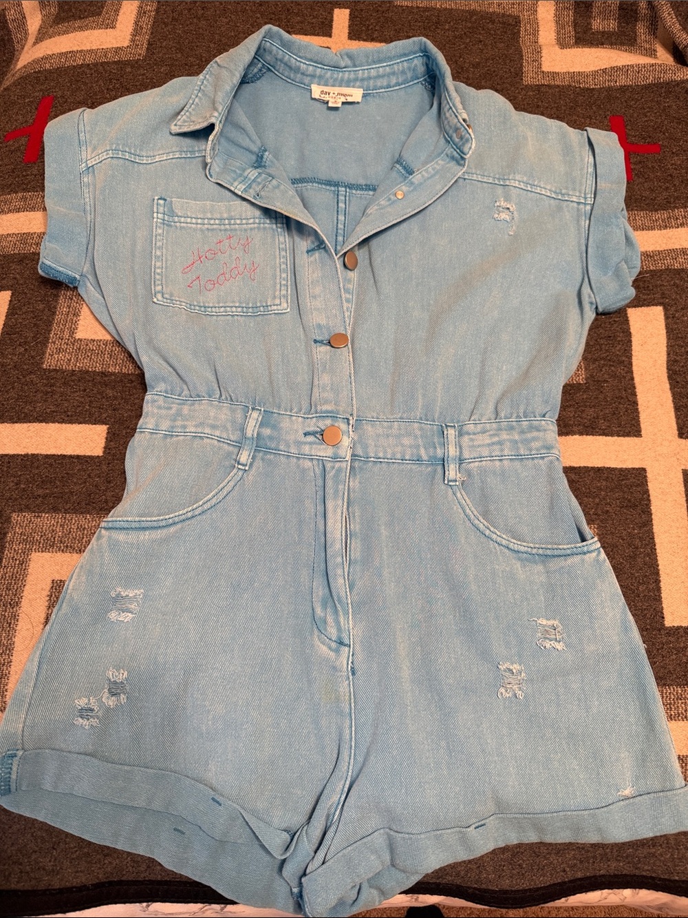 Day + Moon Distressed Blue Short Sleeve Romper